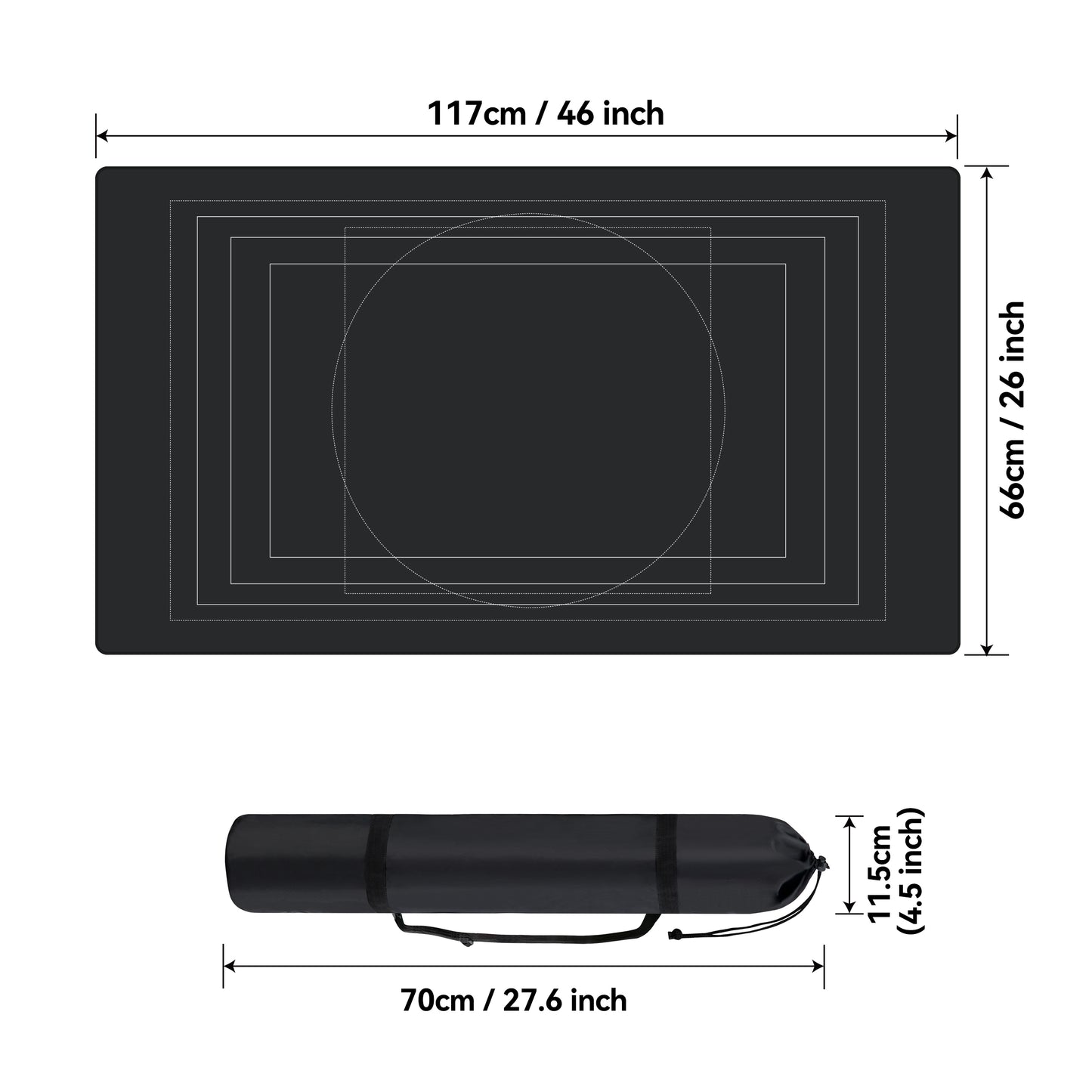 Table mat dimension diagram showing mat size 117cm x 66cm (46 x 26 inch) and rolled storage bag size 70cm x 11.5cm (27.6 x 4.5 inch)