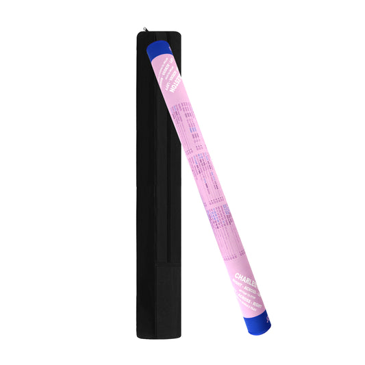 rolled mahjong mat showing pink surface with blue border for easy storage