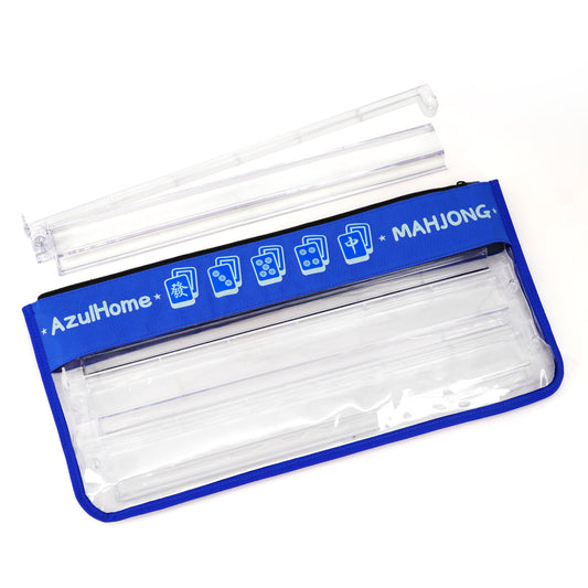 open mahjong bag showing clear interior space and zipper closure with blue edging
