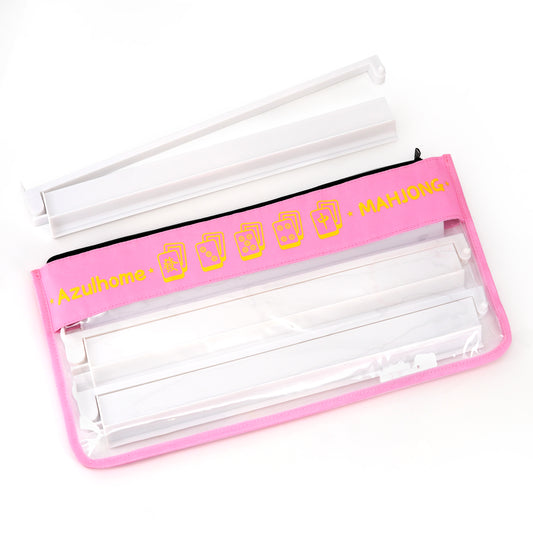 open pink mahjong bag shown flat with transparent front and zipper closure