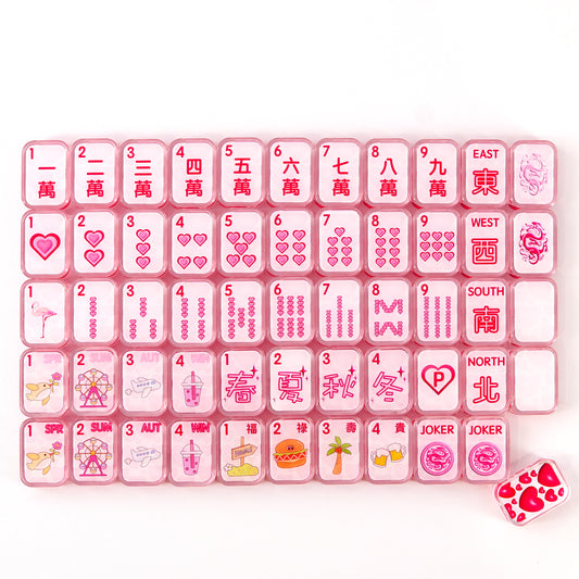 Pink transparent acrylic mahjong tiles made from premium resin with clear engraved patterns