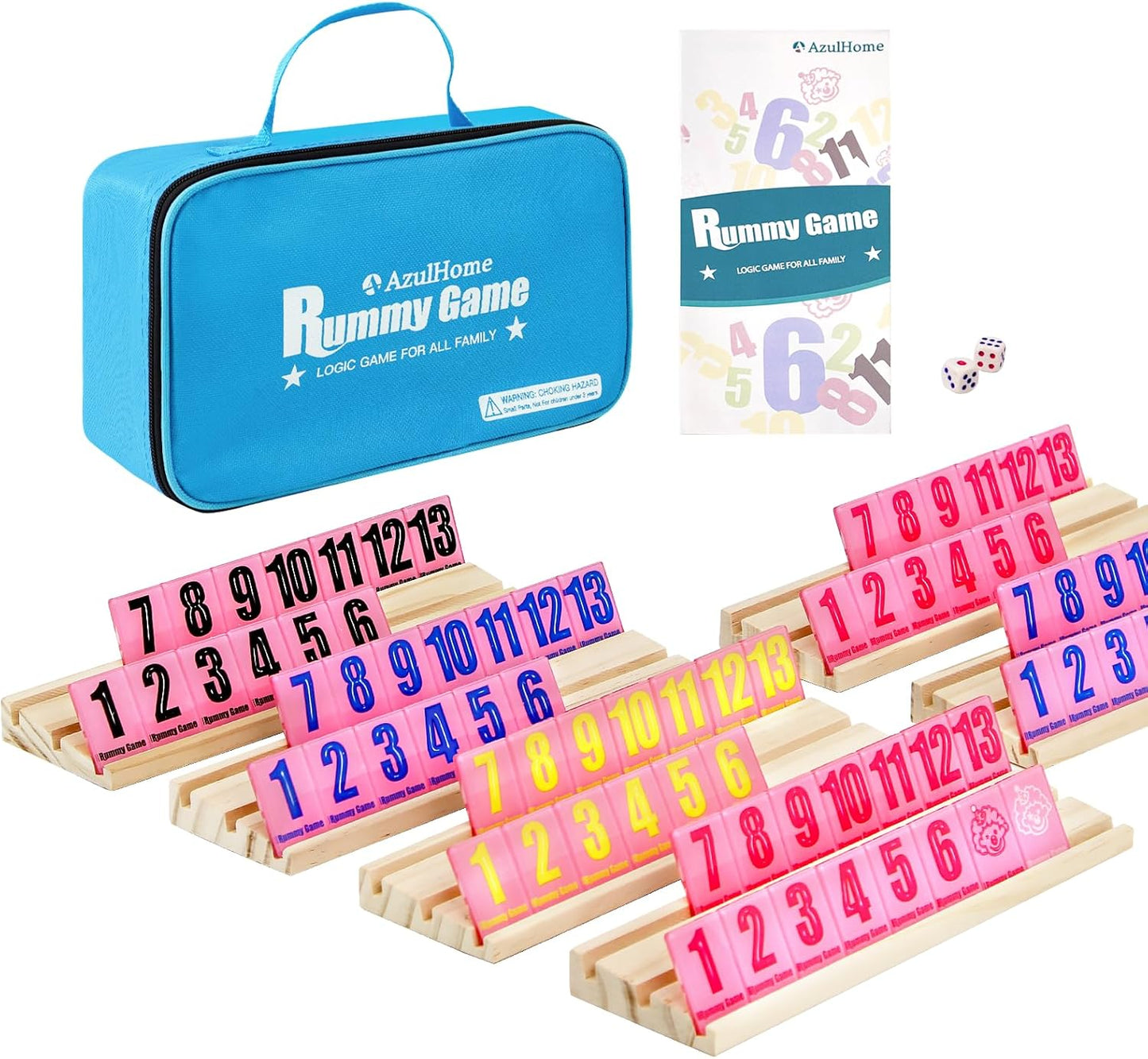 rummy game set with colorful number tiles arranged on wooden racks and portable carrying case