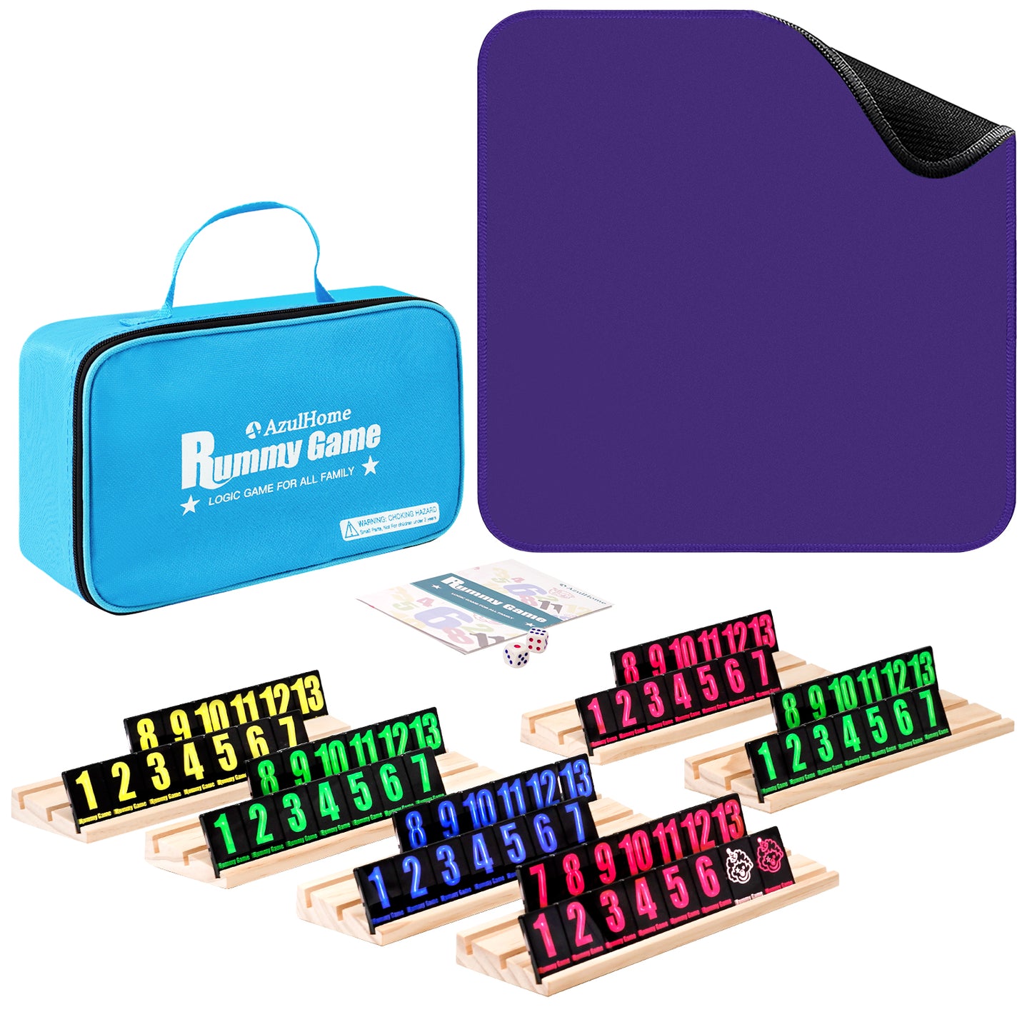 Complete rummy tile game set with blue carrying case, racks, and colorful tiles