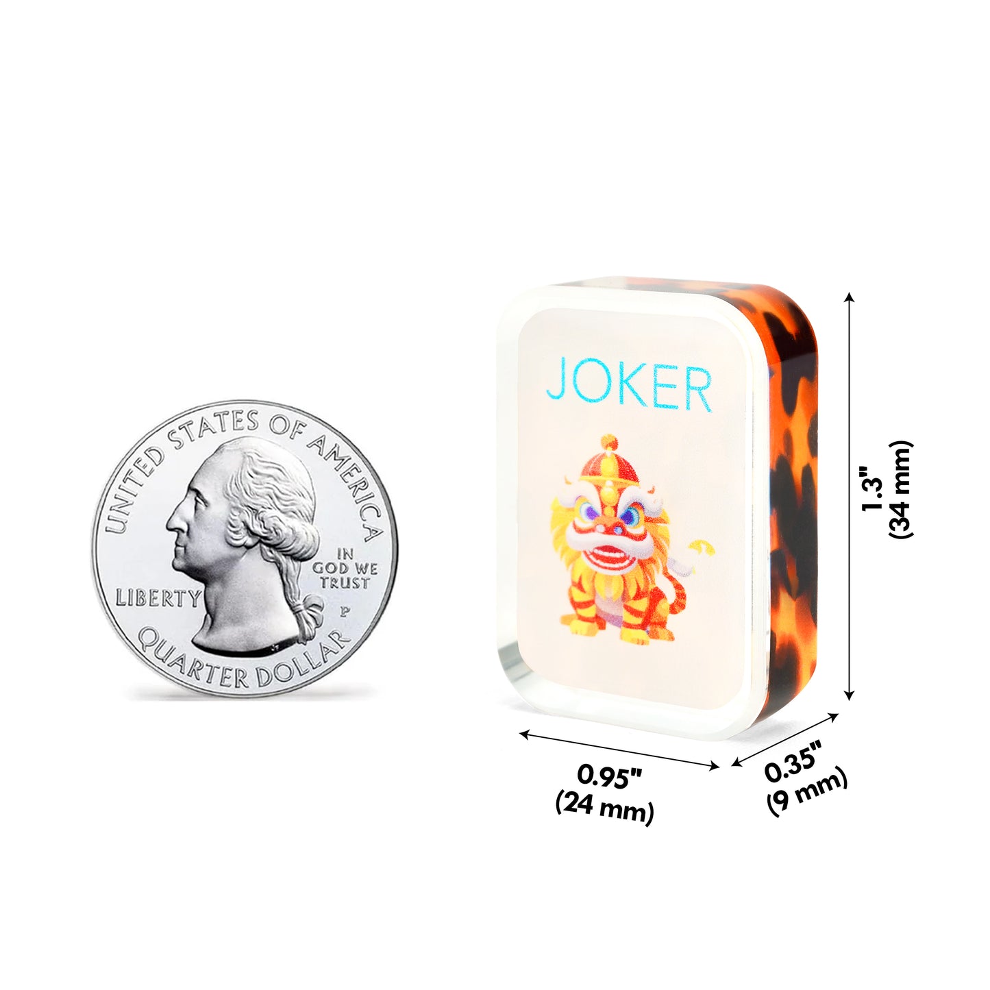 Tortoise shell mahjong tile size comparison with coin and product dimensions