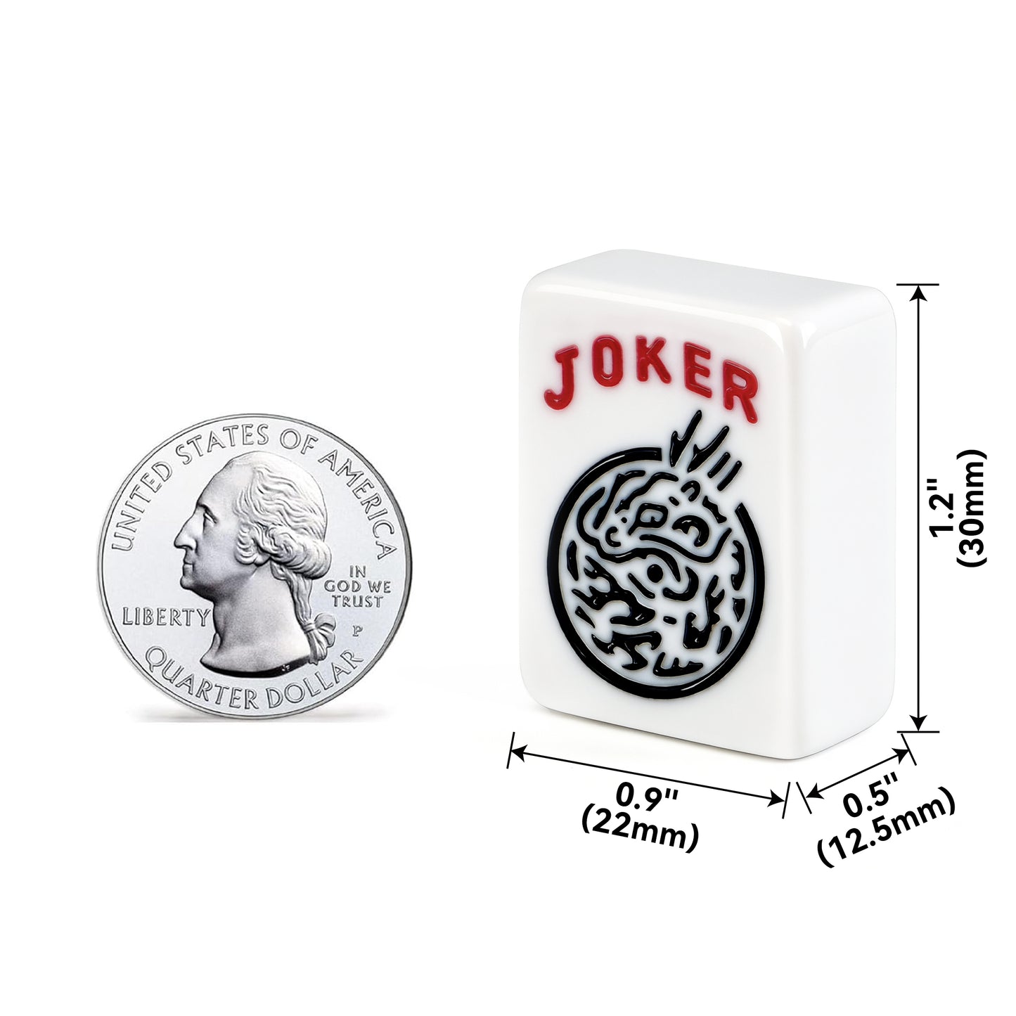 Dimension diagram of a 30mm white Joker mahjong tile showing thickness, width, and height