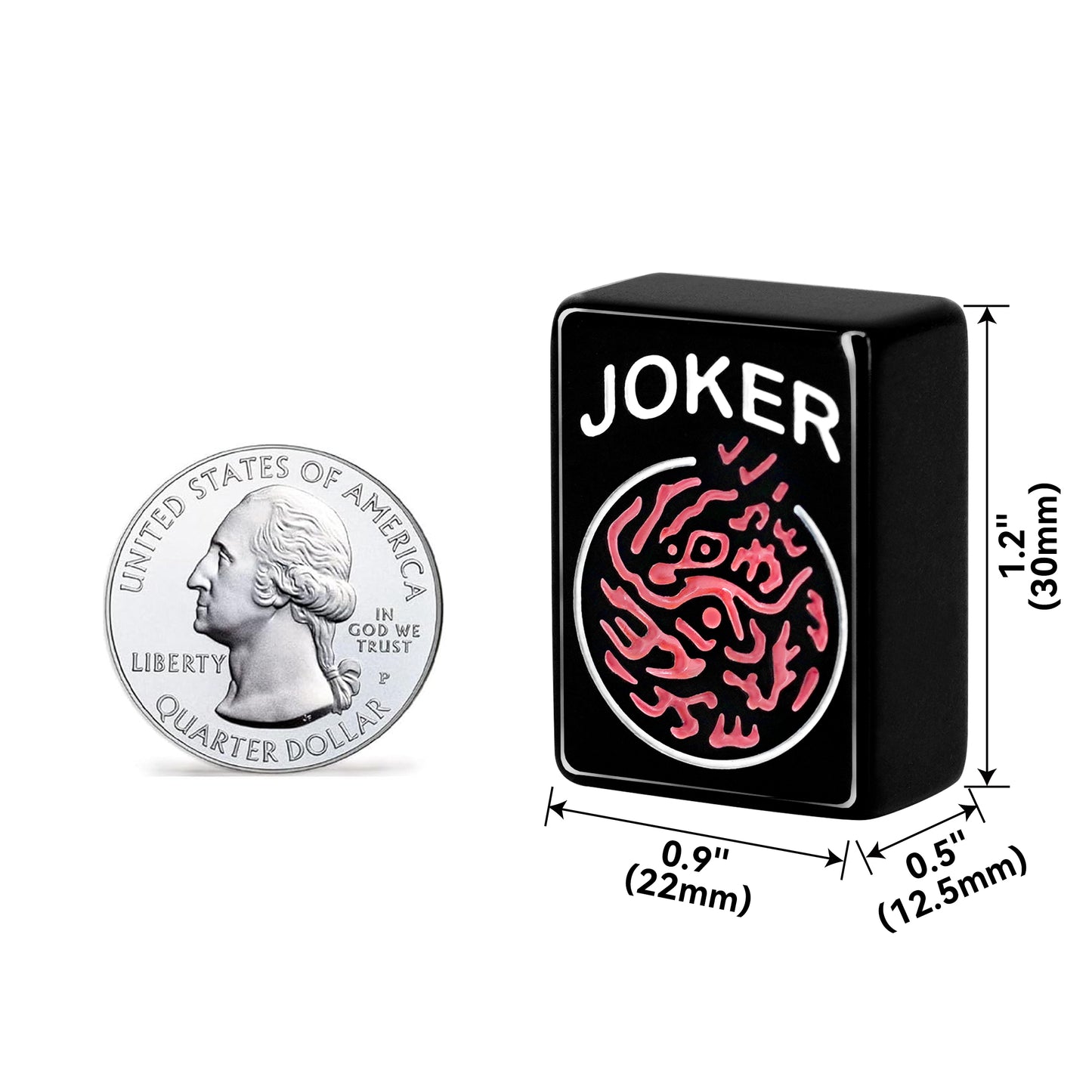 30mm black Joker mahjong tile size diagram with measurements and US quarter for scale