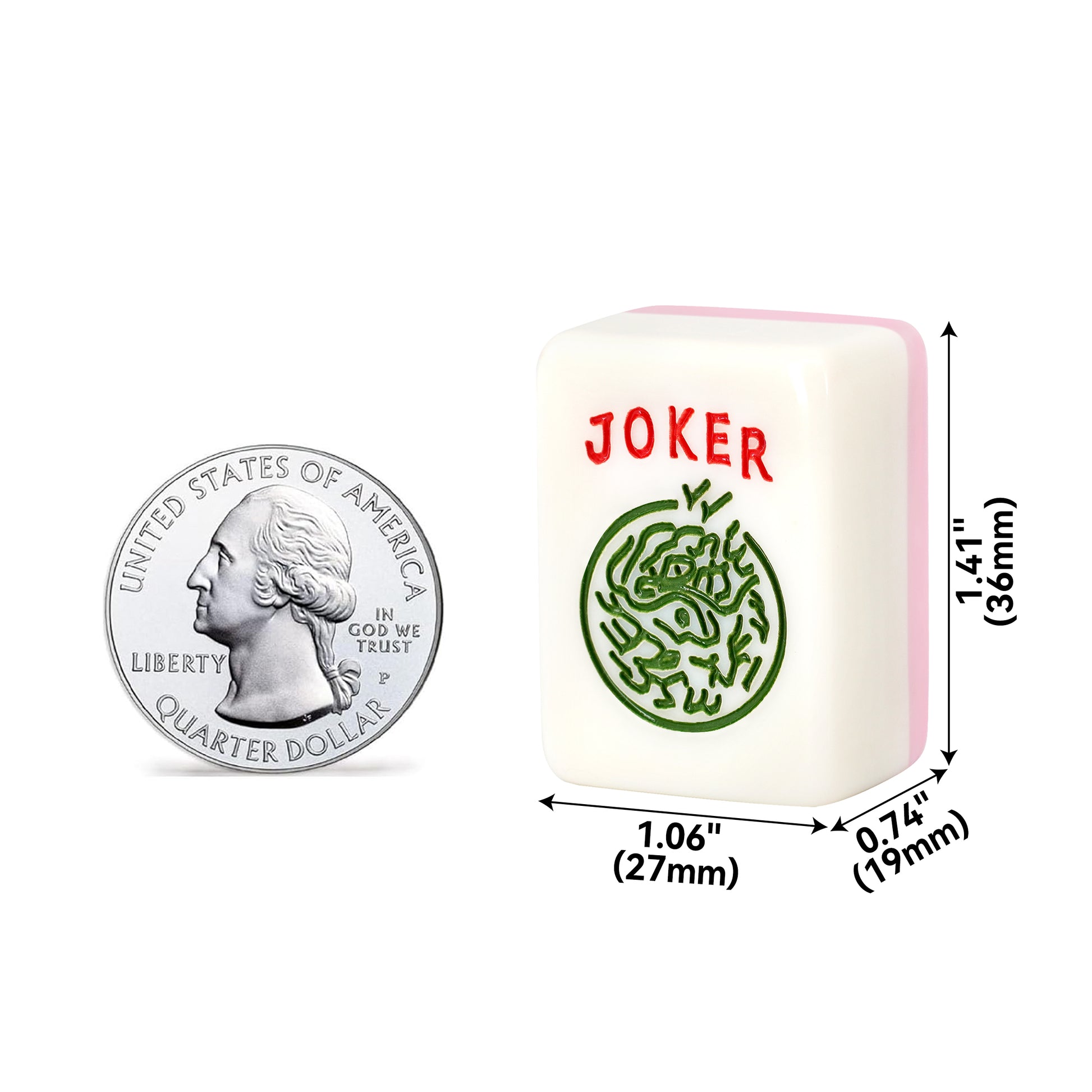 36mm pink Joker mahjong tile dimension diagram showing larger size compared with a US quarter