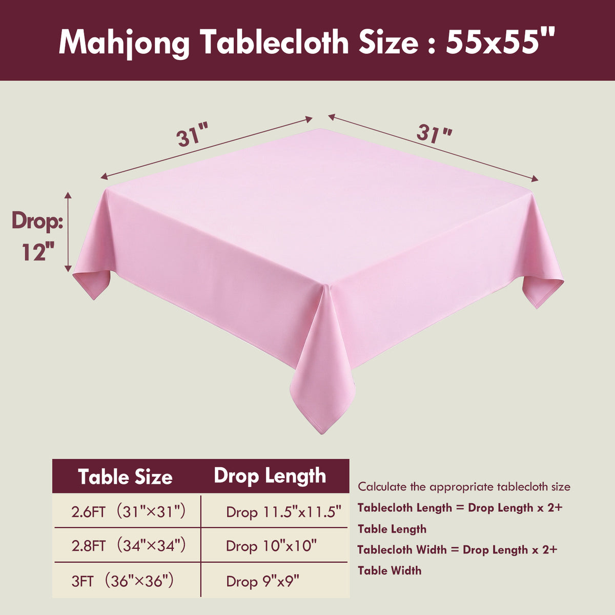 Pink Mahjong Tablecloths for Card Tables, Square Table Cover