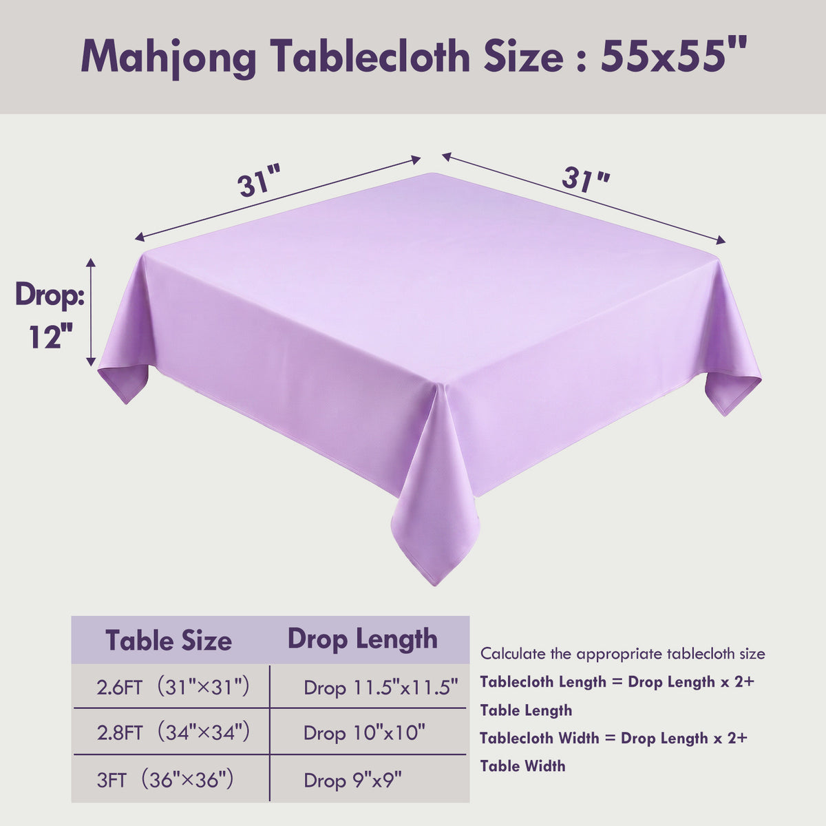 Lavender Mahjong Tablecloths for Card Tables, Square Table Cover