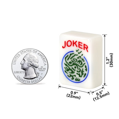 30mm white Joker mahjong tile dimension diagram with size measurements, shown next to a US quarter