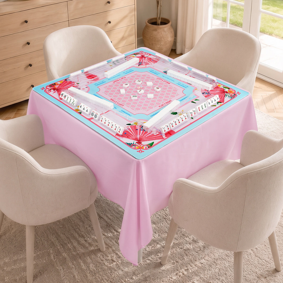 Pink Mahjong Tablecloths for Card Tables, Square Table Cover