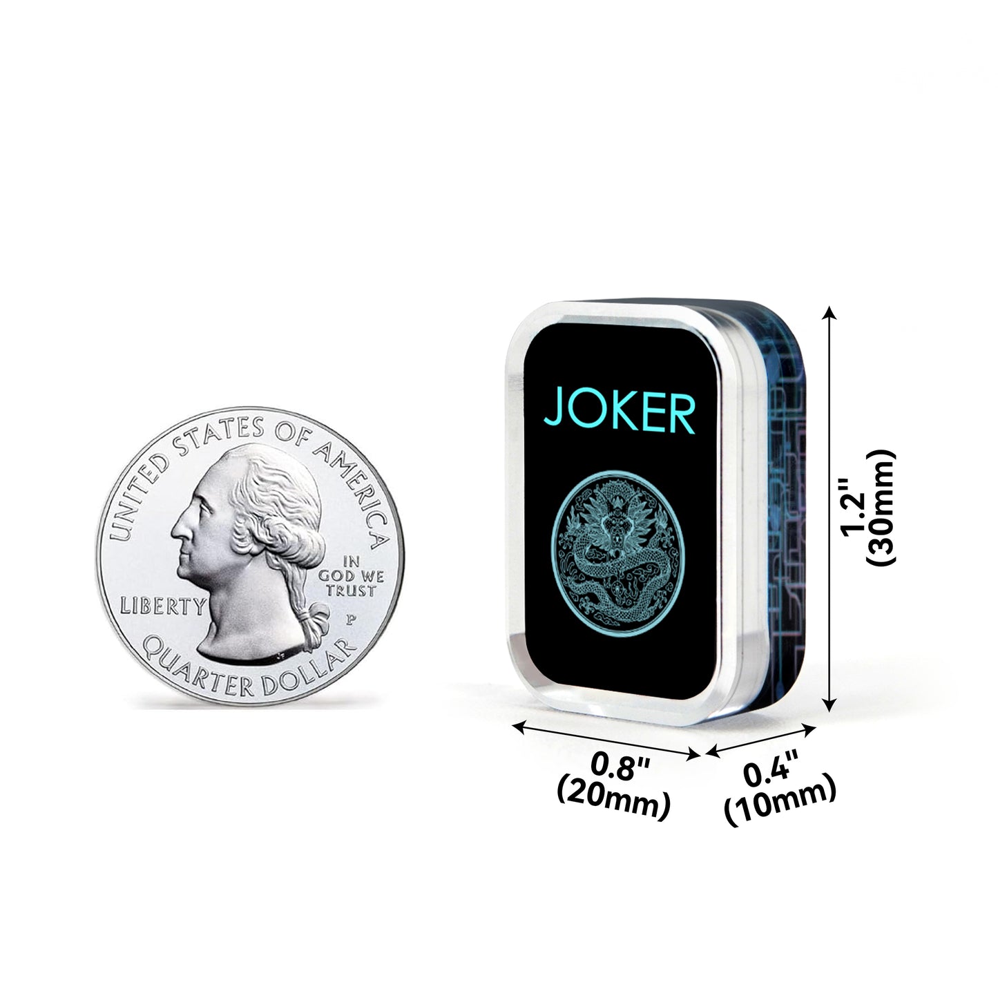 Black acrylic Joker mahjong tile size and dimension diagram compared with a US quarter