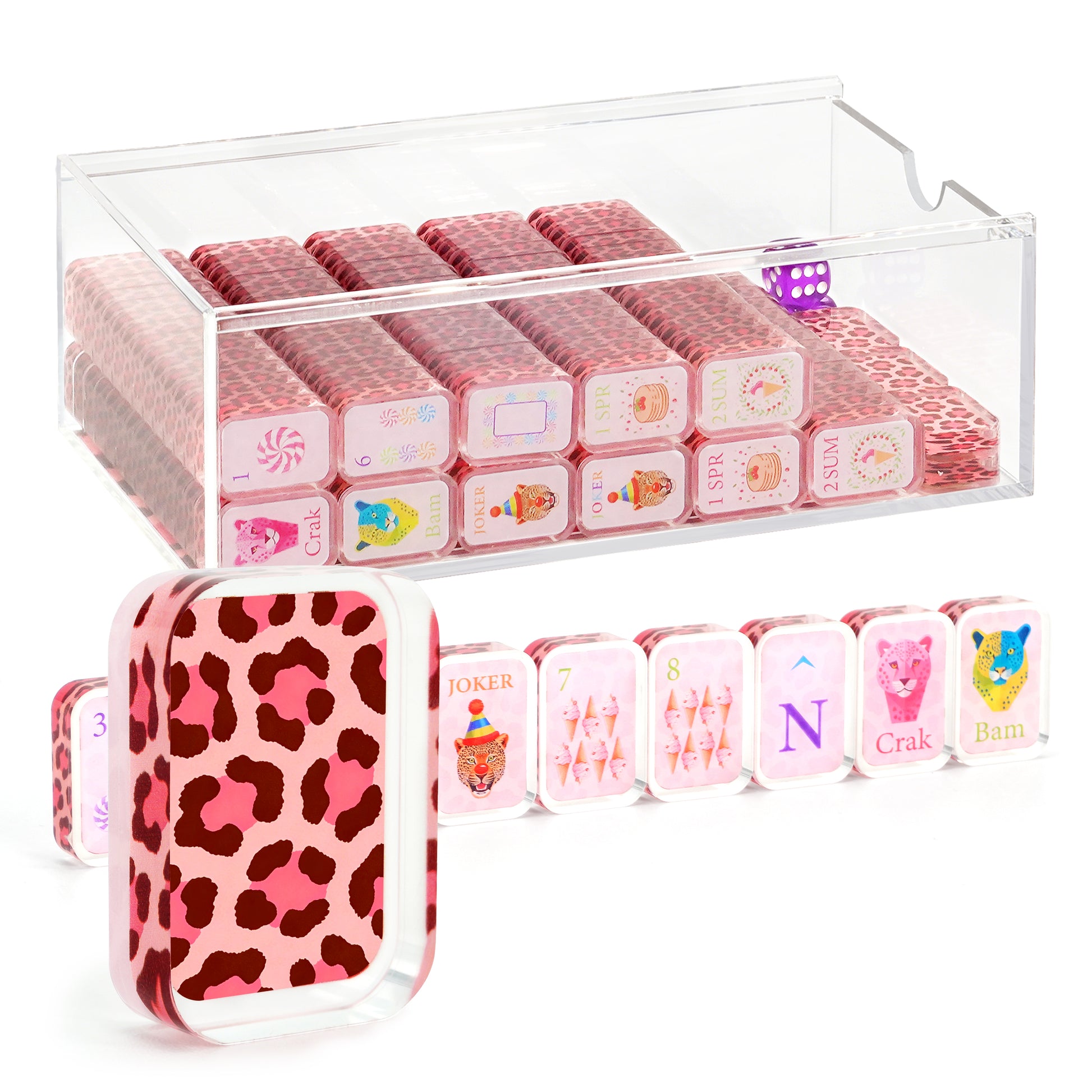 Shop the Luxury Pink Panther Mahjong Set featuring pink leopard print tiles, playful artwork, matching racks, dice, and designer accessories for a stylish game night