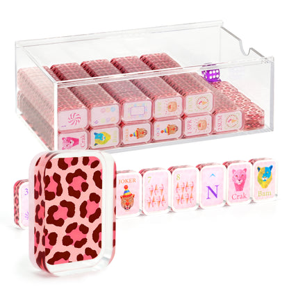 Shop the Luxury Pink Panther Mahjong Set featuring pink leopard print tiles, playful artwork, matching racks, dice, and designer accessories for a stylish game night