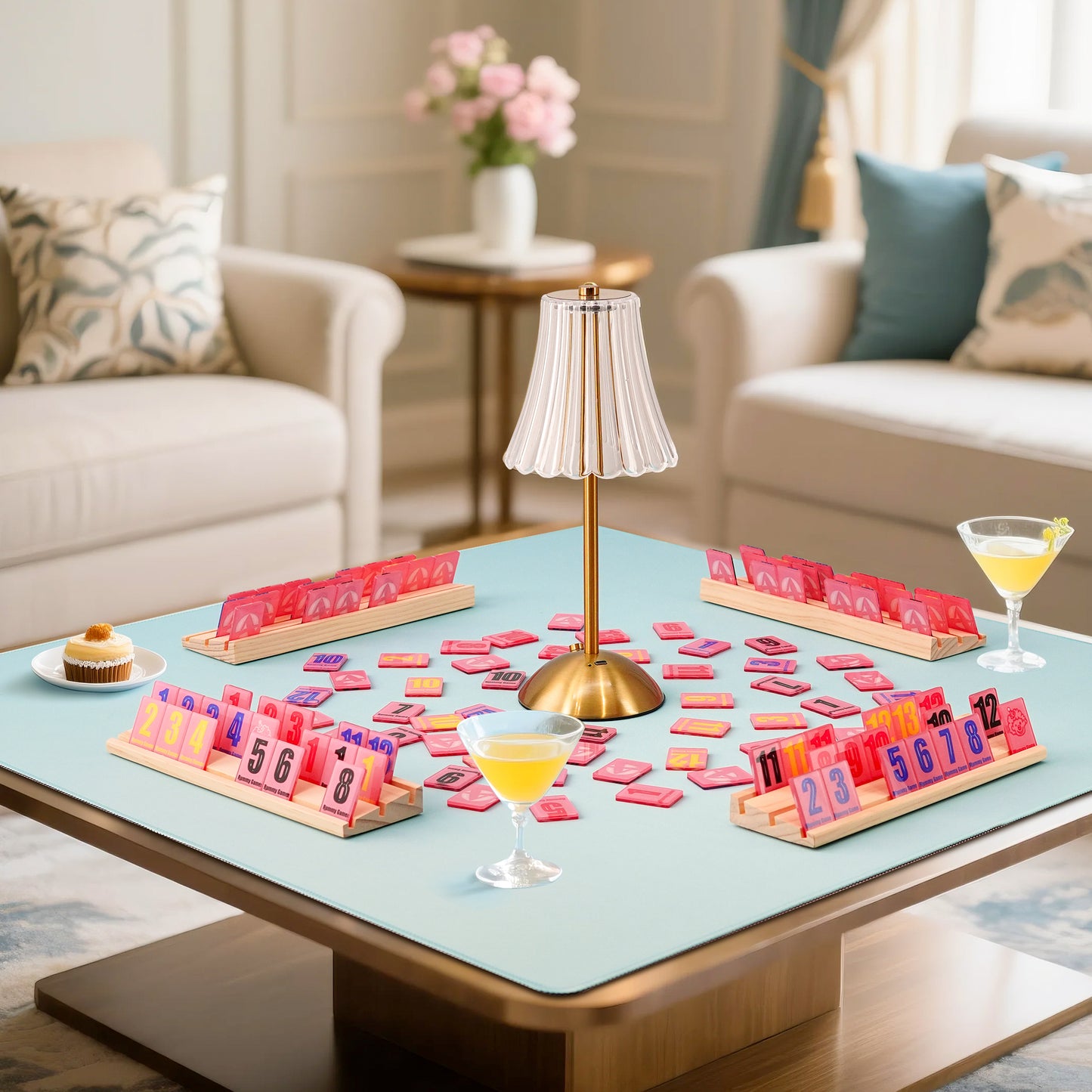 modern rummy game set arranged on a table with colorful tiles in a stylish living room