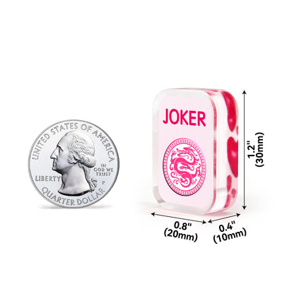 Pink acrylic Joker mahjong tile dimension diagram showing compact size with US quarter comparison