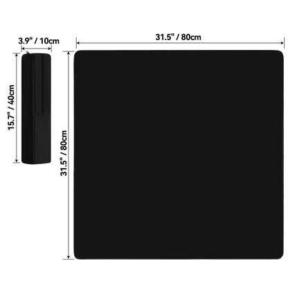 Square mahjong table mat dimension diagram showing mat size 31.5 x 31.5 inches (80 x 80 cm) and storage bag size 15.7 x 3.9 inches (40 x 10 cm)