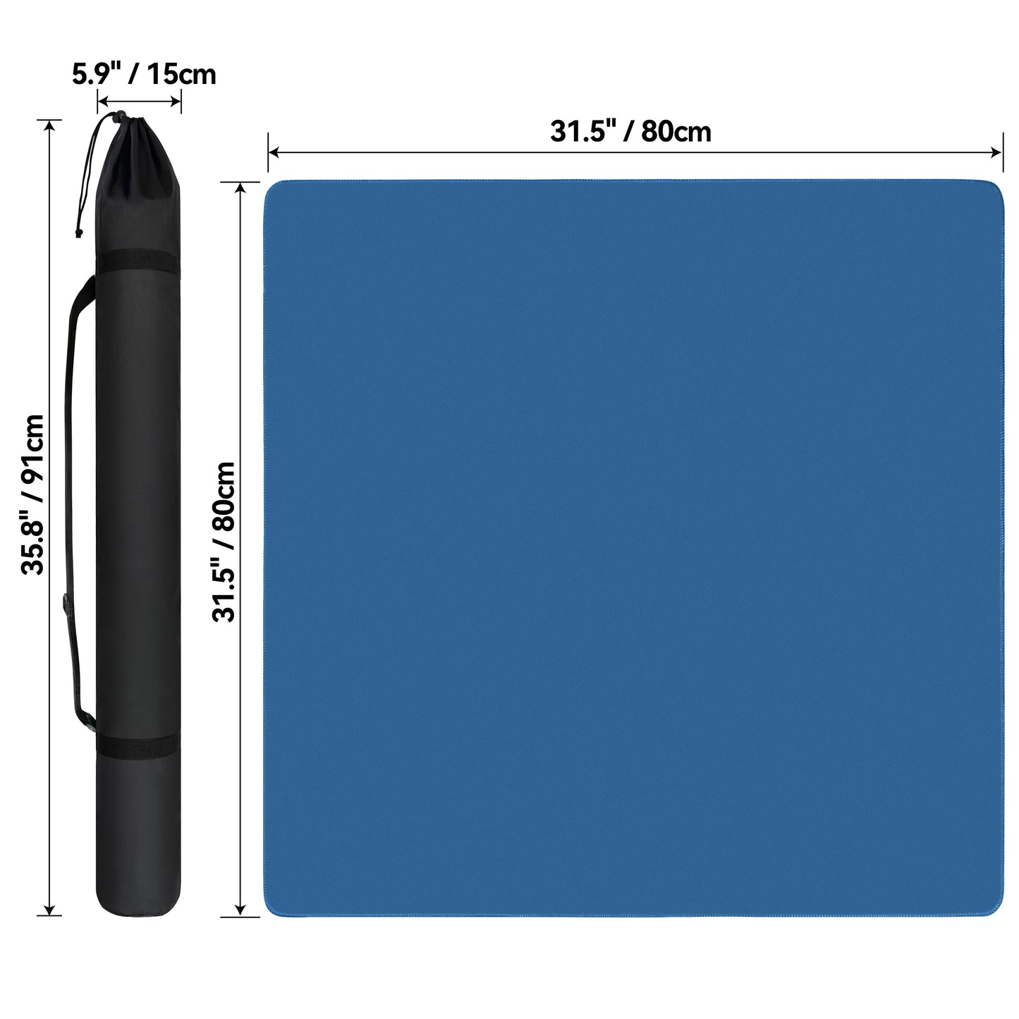 Square mahjong table mat dimension diagram showing mat size 31.5 x 31.5 inches (80 x 80 cm) and storage bag size 35.8 x 5.9 inches (91 x 15 cm)