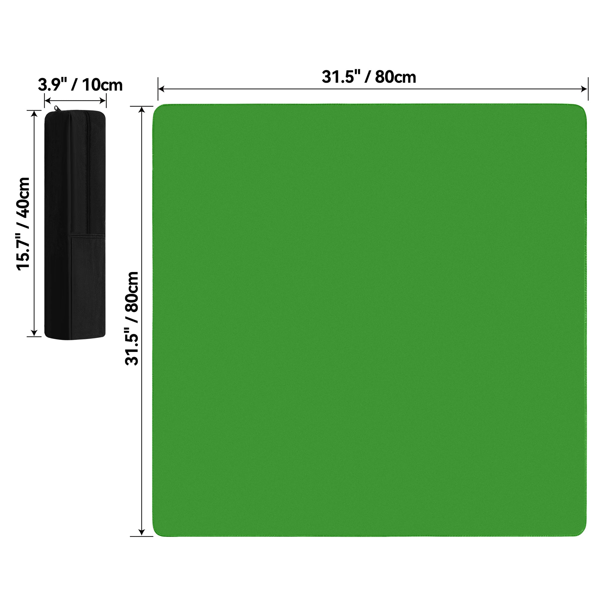 Square mahjong table mat dimension diagram showing mat size 31.5 x 31.5 inches (80 x 80 cm) and storage bag size 15.7 x 3.9 inches (40 x 10 cm)