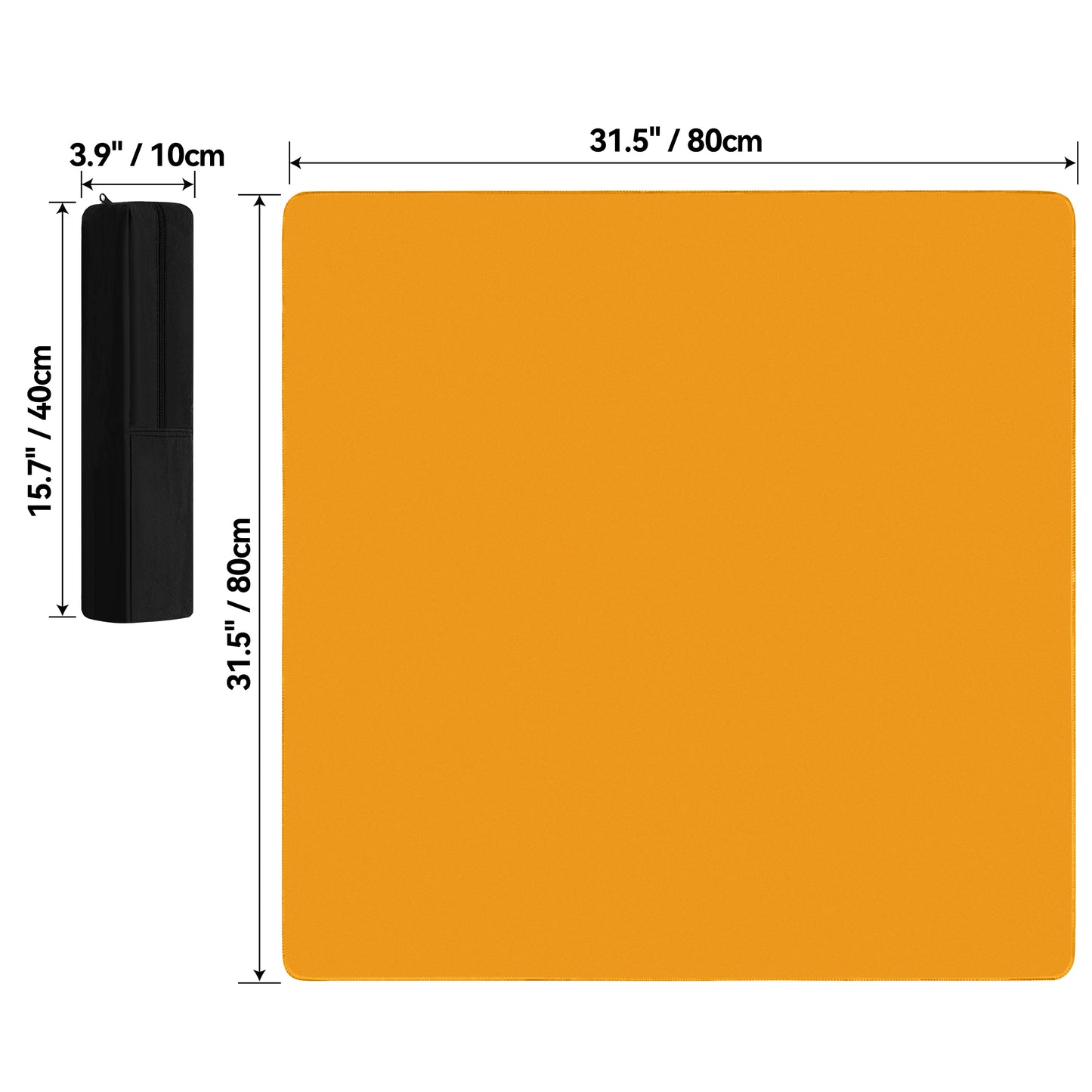 Square mahjong table mat dimension diagram showing mat size 31.5 x 31.5 inches (80 x 80 cm) and storage bag size 15.7 x 3.9 inches (40 x 10 cm)