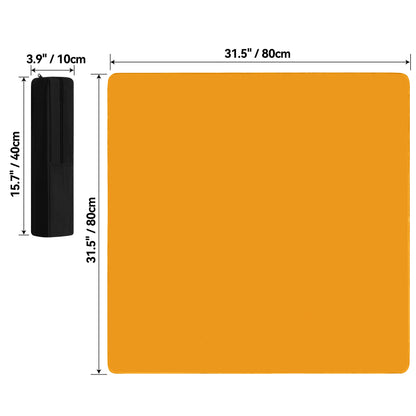 Square mahjong table mat dimension diagram showing mat size 31.5 x 31.5 inches (80 x 80 cm) and storage bag size 15.7 x 3.9 inches (40 x 10 cm)