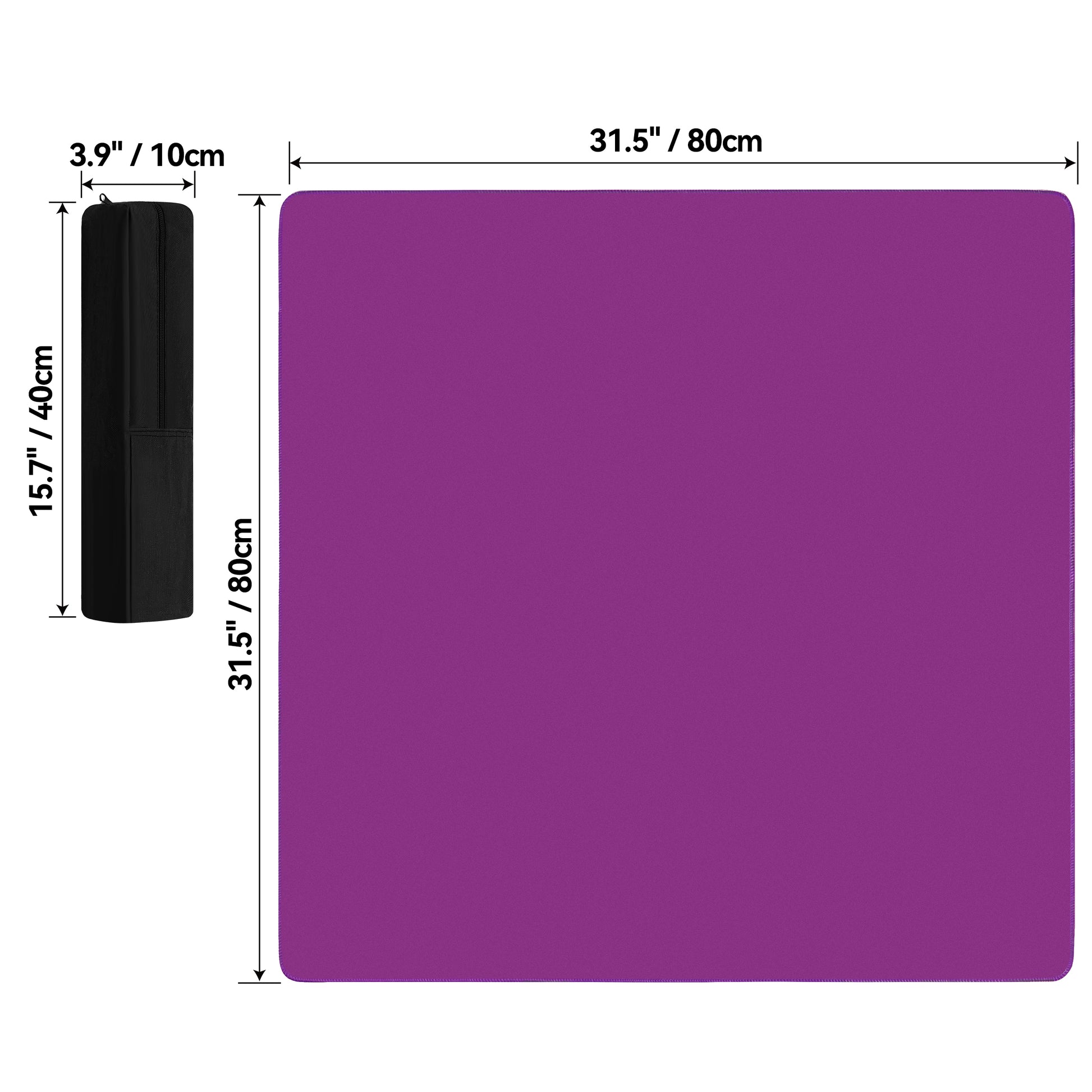 Square mahjong table mat dimension diagram showing mat size 31.5 x 31.5 inches (80 x 80 cm) and storage bag size 15.7 x 3.9 inches (40 x 10 cm)