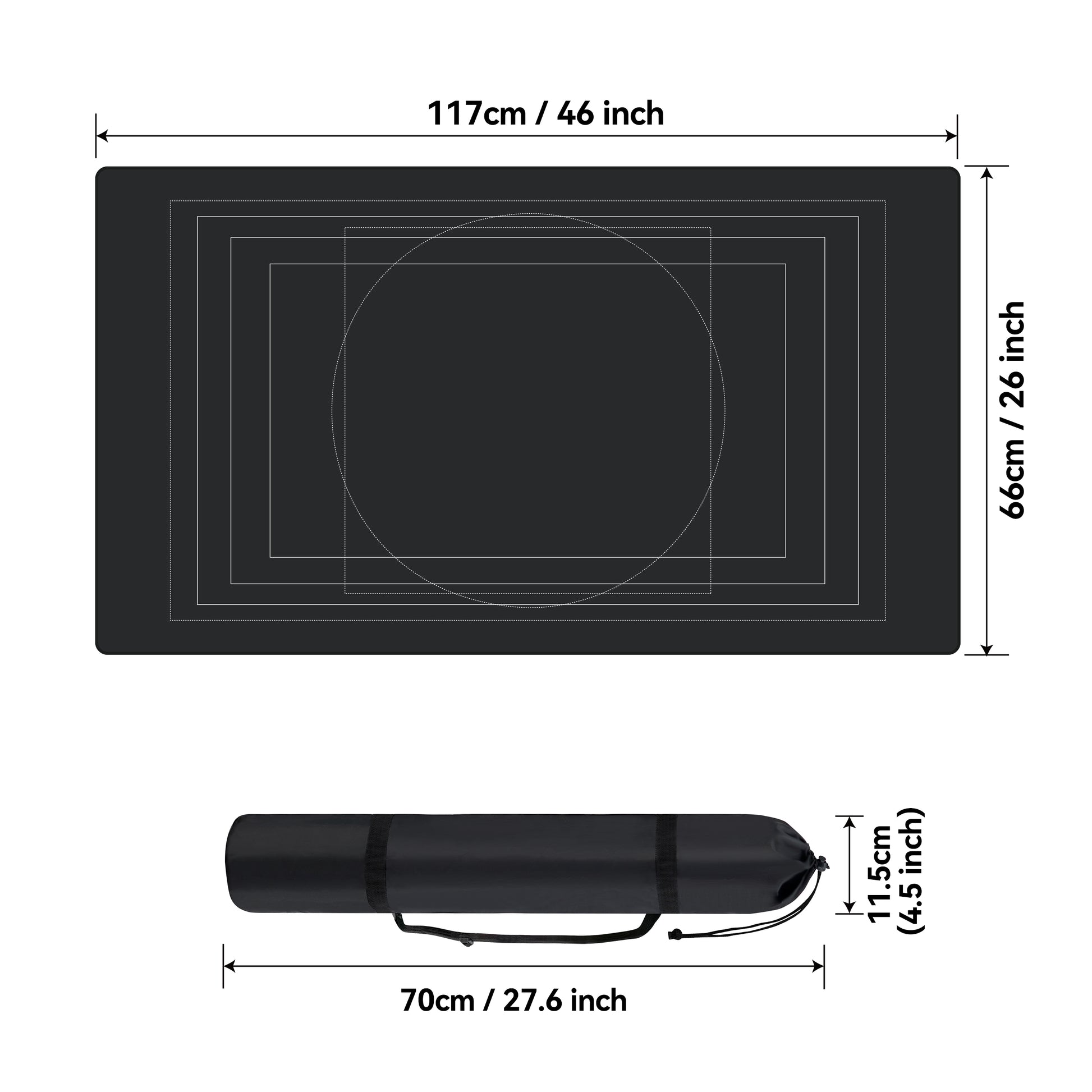 Table mat dimension diagram showing mat size 117cm x 66cm (46 x 26 inch) and rolled storage bag size 70cm x 11.5cm (27.6 x 4.5 inch)