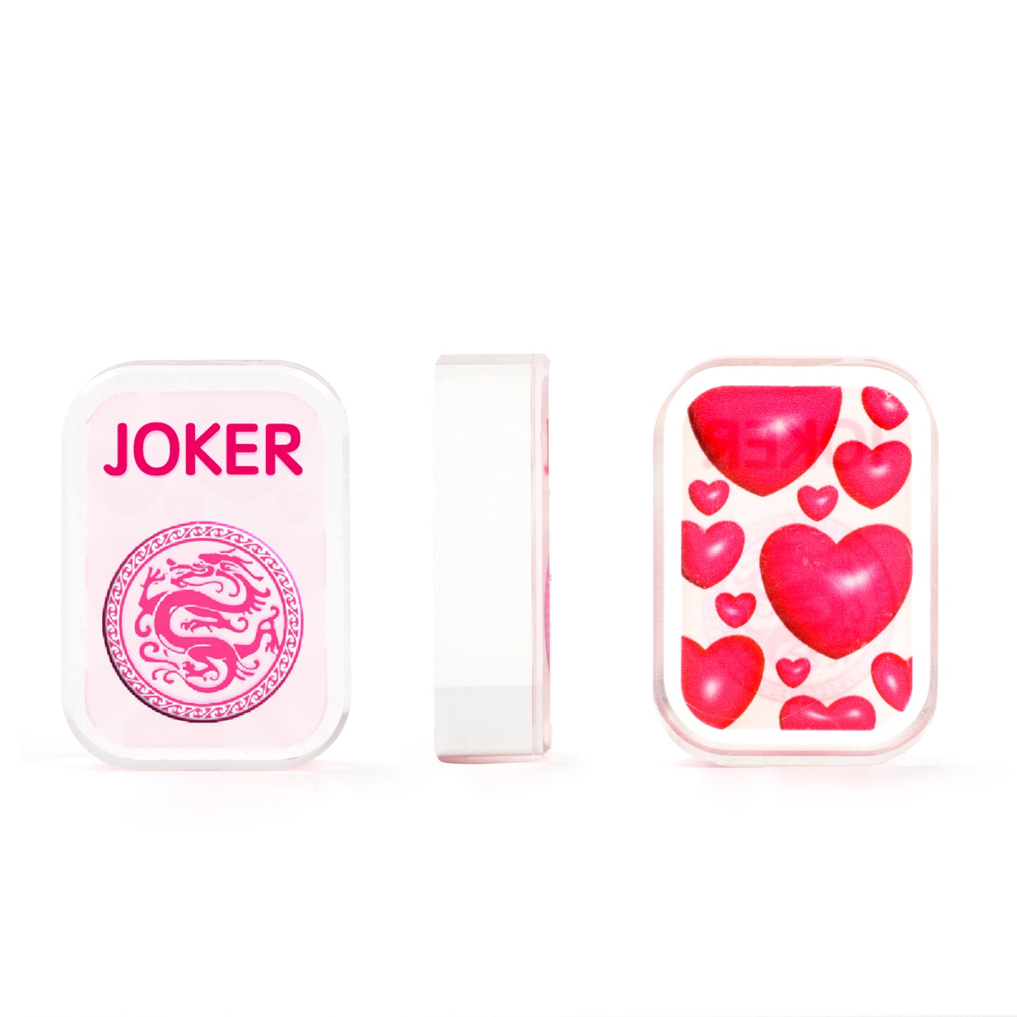 Full display of transparent acrylic mahjong tiles arranged in rows for the Designer Line set
