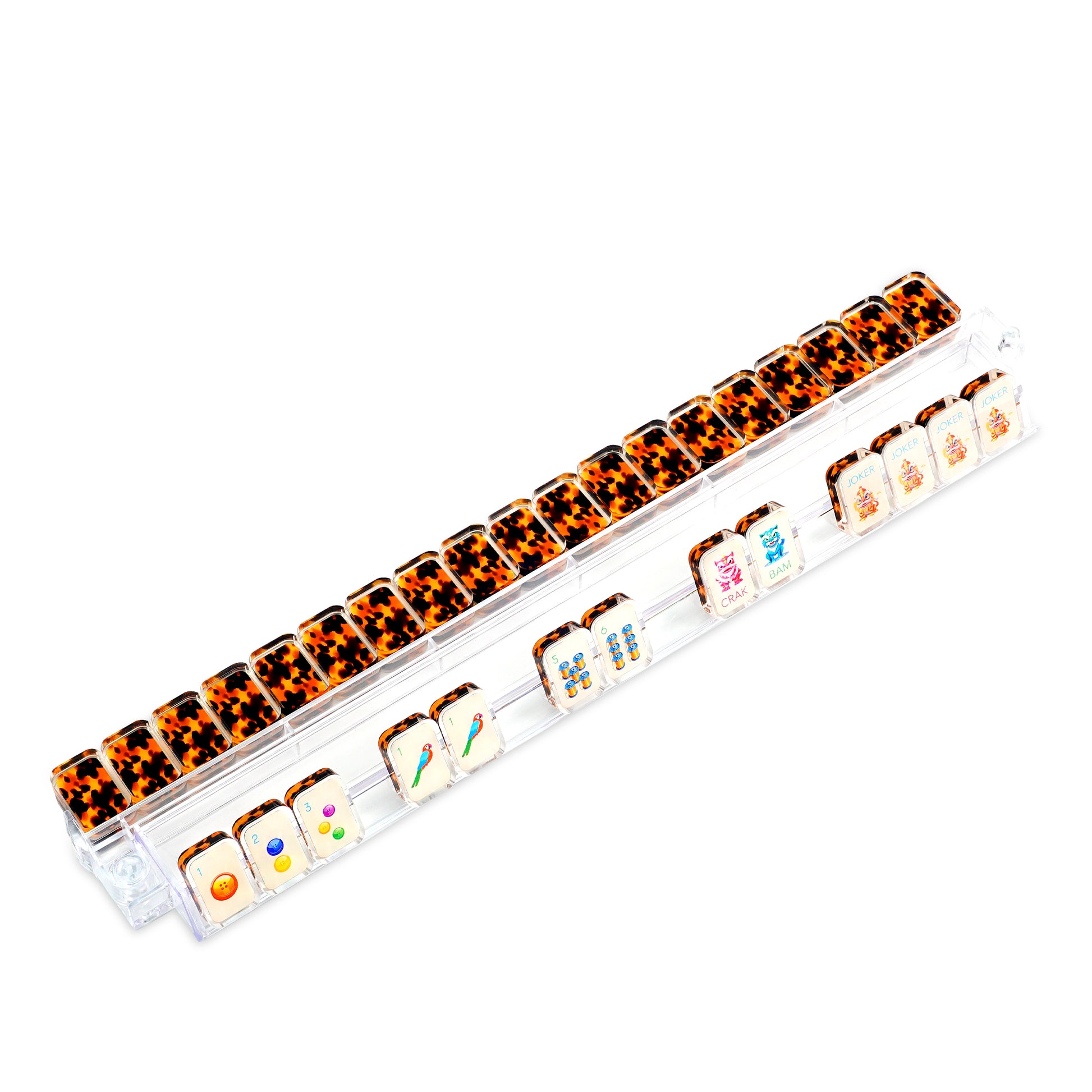 Amber tortoise shell mahjong racks with matching designer tiles