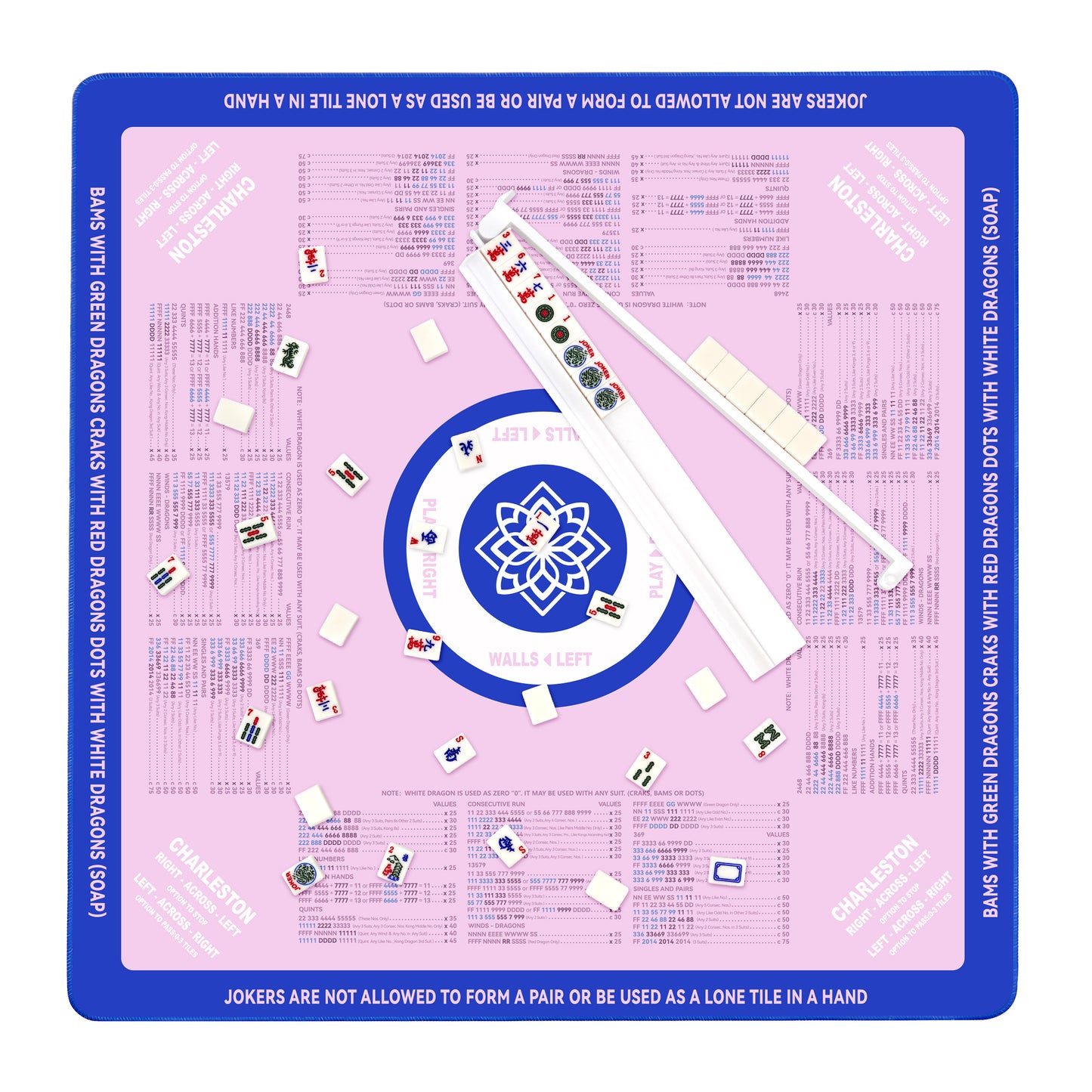 mahjong mat displayed at an angle highlighting lotus center design and rule markings