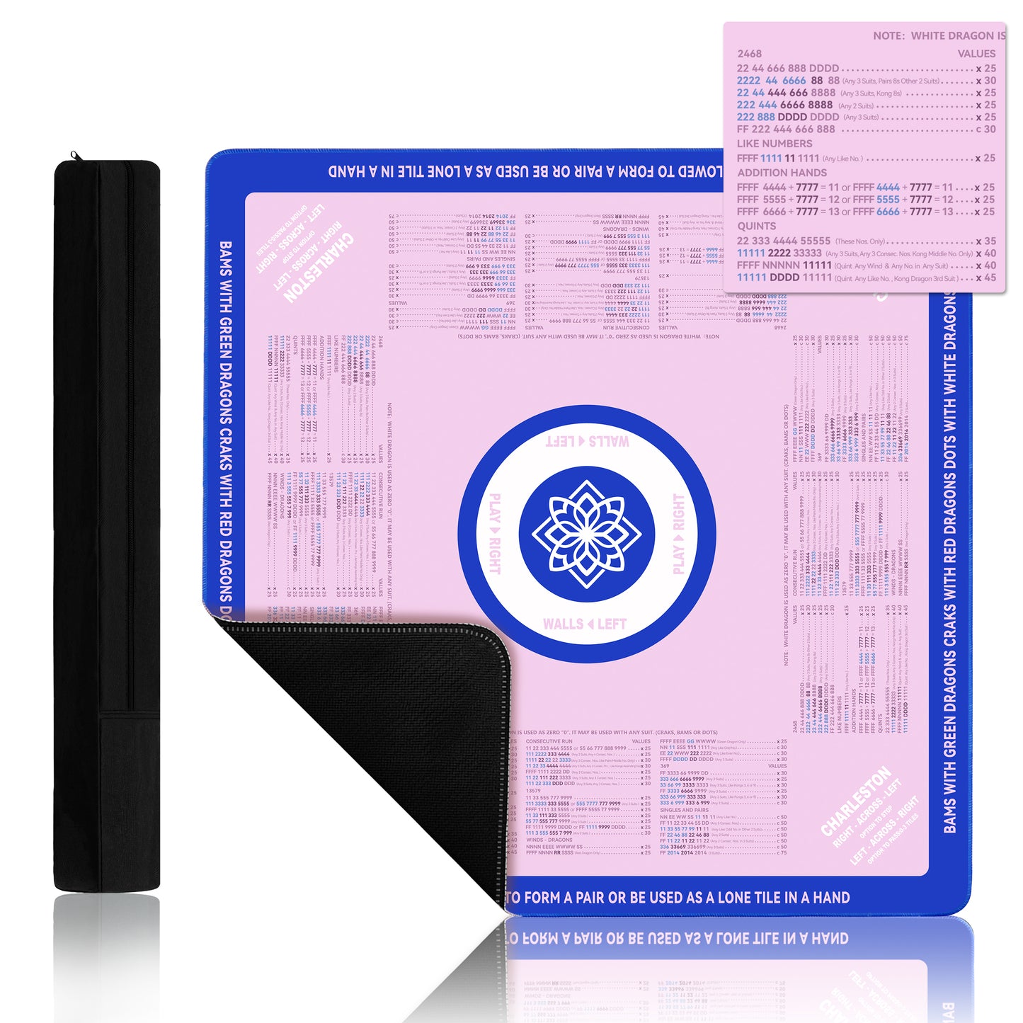 folded mahjong mat with lotus design shown in a compact portable format