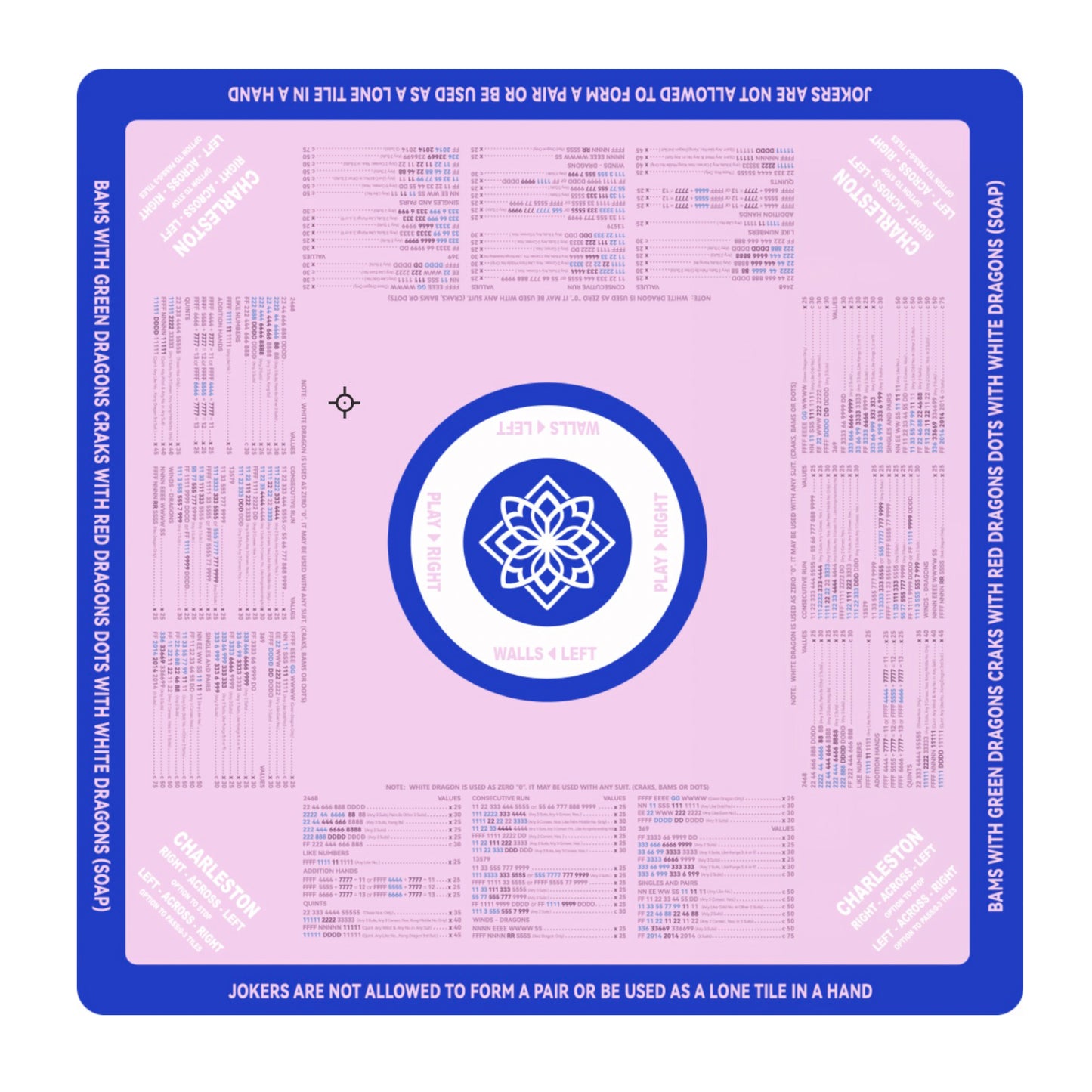 Mahjong game mat with blue border and central logo on a light purple background