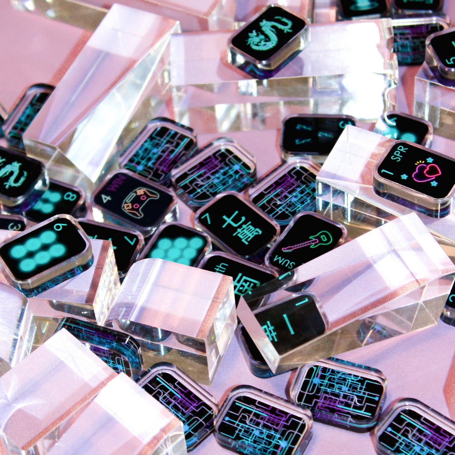 stacked crystal clear acrylic mahjong tiles with black cyber style symbols and reflective edges