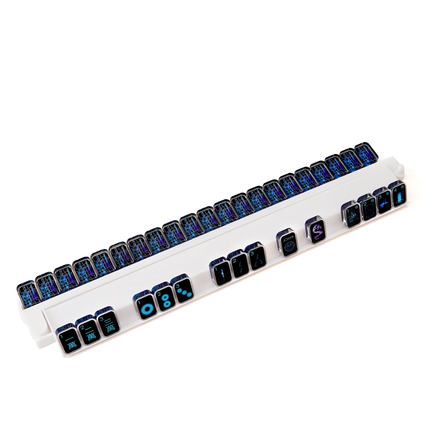 black cyber style mahjong racks designed to hold and align transparent acrylic tiles