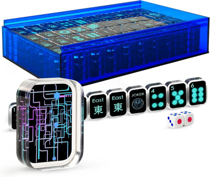 black cyber transparent acrylic mahjong set displayed with storage case and accessories