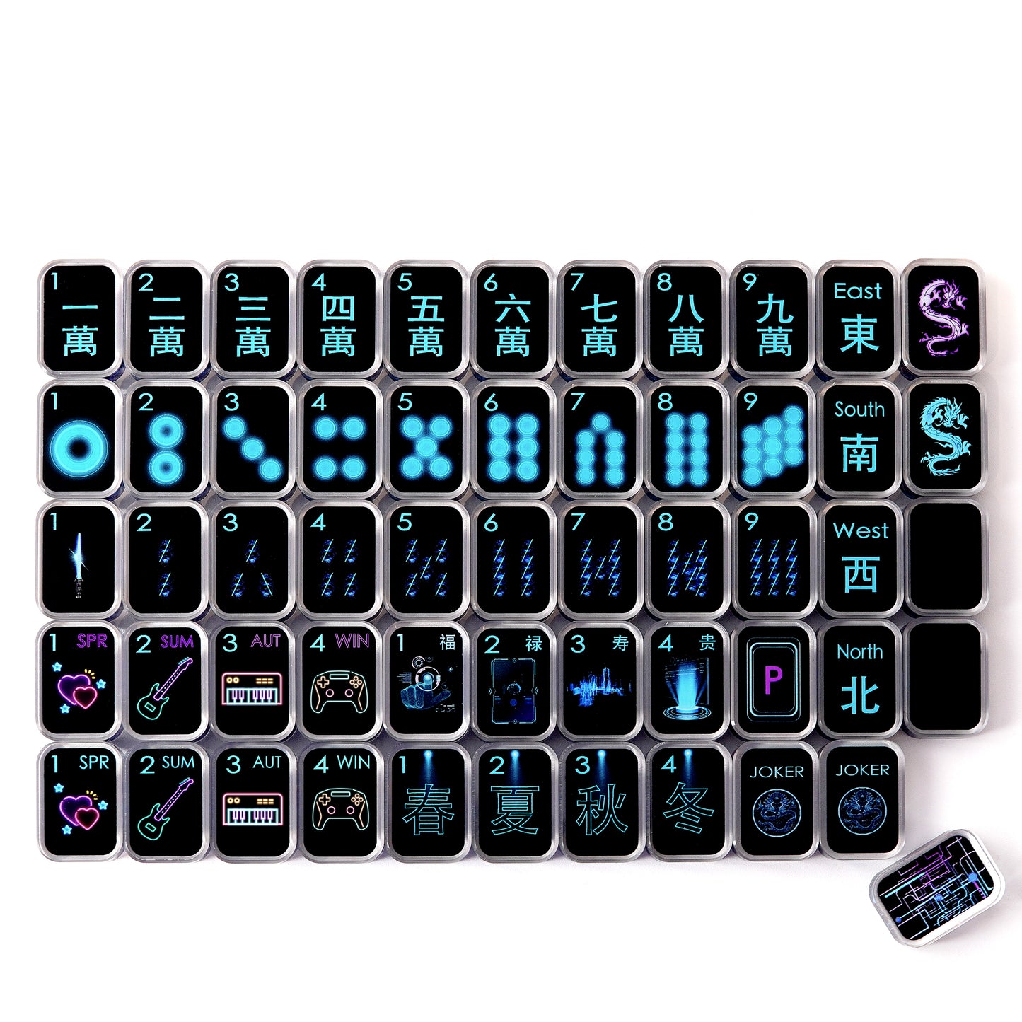 complete black cyber transparent acrylic mahjong tile set laid out in organized rows
