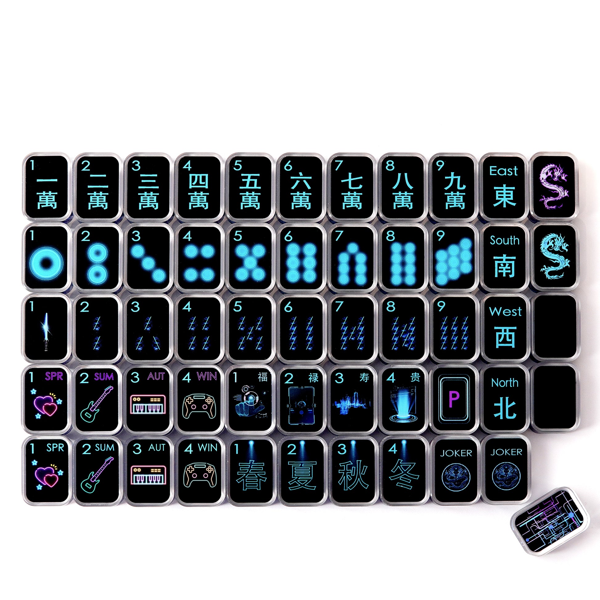 complete black cyber transparent acrylic mahjong tile set laid out in organized rows