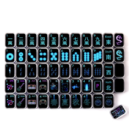 complete black cyber transparent acrylic mahjong tile set laid out in organized rows