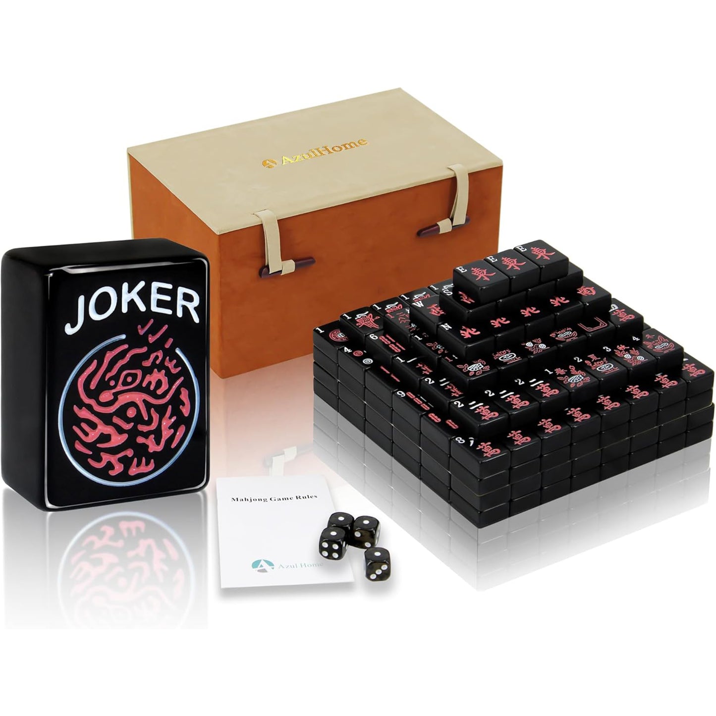 complete black mahjong set displayed with a storage box and neatly arranged tiles