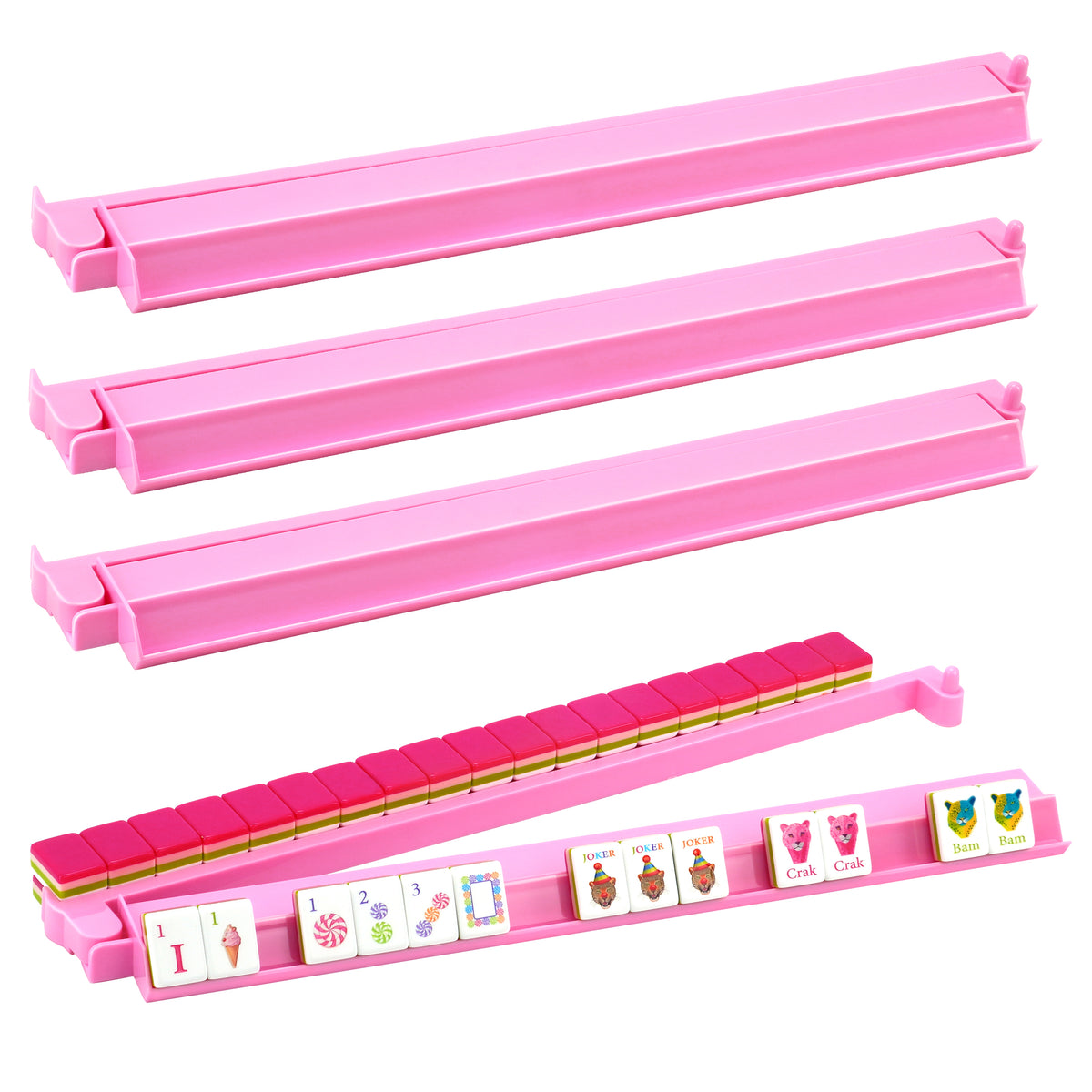 Cherryblossom pink acrylic Mahjong racks with built-in pushers for American Mahjong tiles