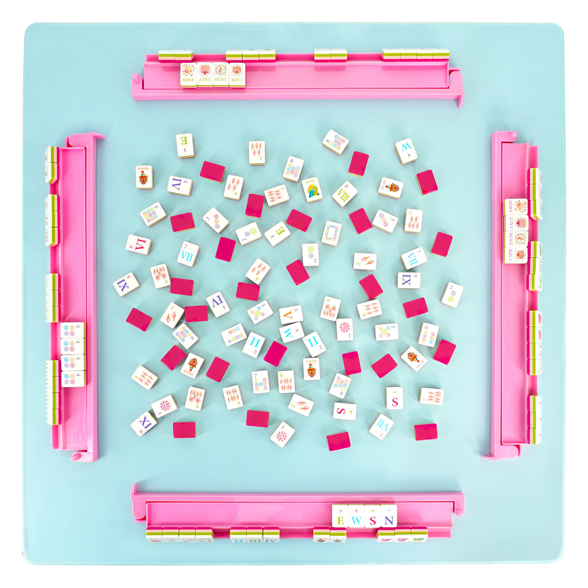 Cherryblossom pink acrylic Mahjong rack and pusher set with tiles for American Mahjong