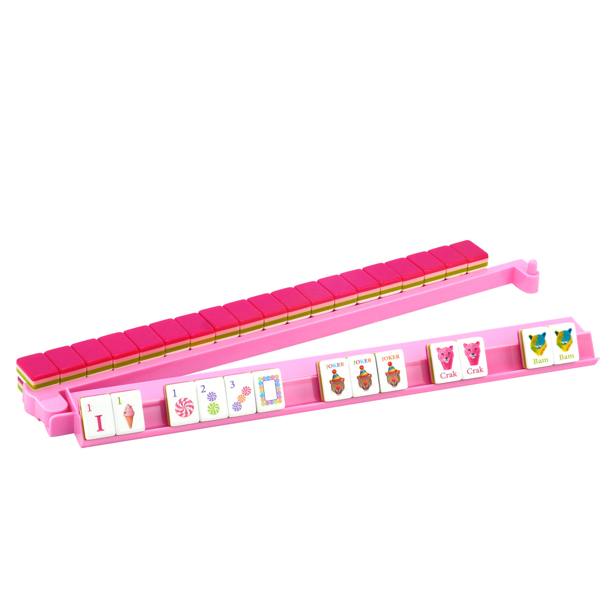 Cherryblossom pink acrylic Mahjong rack with built-in pusher and American Mahjong tiles