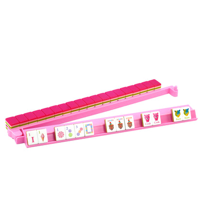 Cherryblossom pink acrylic Mahjong rack with built-in pusher and American Mahjong tiles