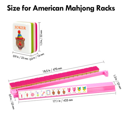 Size chart for Cherryblossom pink acrylic Mahjong rack and pusher set for American Mahjong
