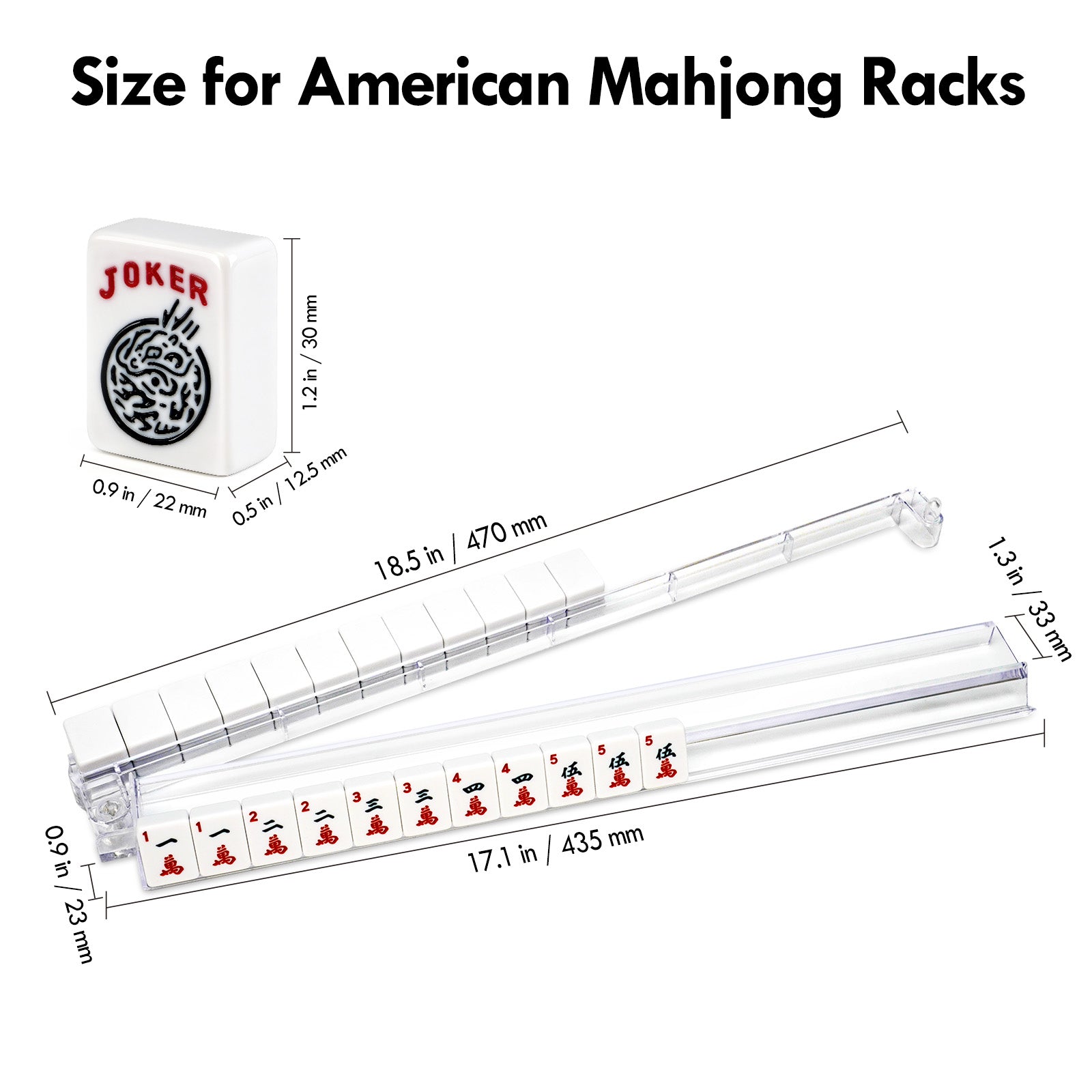 Set of four clear acrylic Mahjong racks with pushers size, dimension, measurement, size for American mahjong