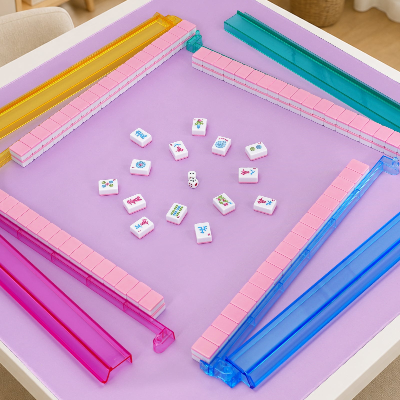 Cotton Candy American Mahjong set with colorful racks and tiles on a game table