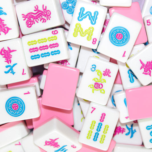 Cotton Candy Mahjong Set with vibrant high‑contrast acrylic tiles and matching pink accessories