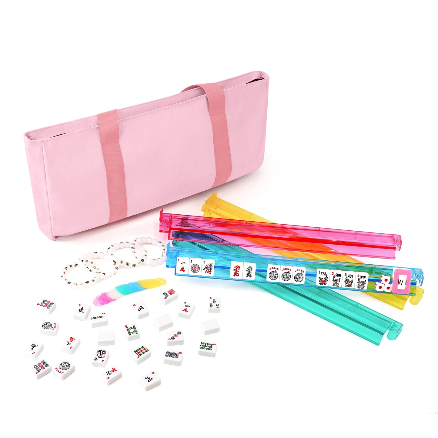 Creamy Pink Mahjong Set with full 166 acrylic tiles, racks, pushers, and carrying bag
