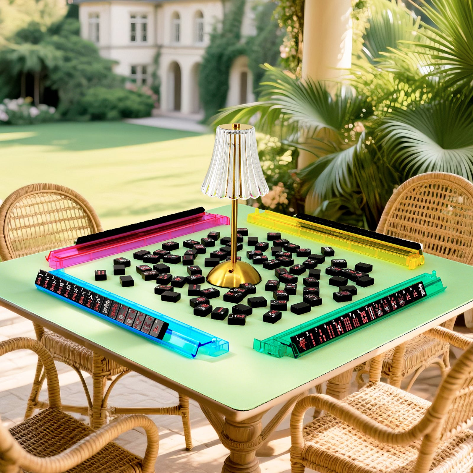 custom mahjong set with colorful acrylic tiles on outdoor table