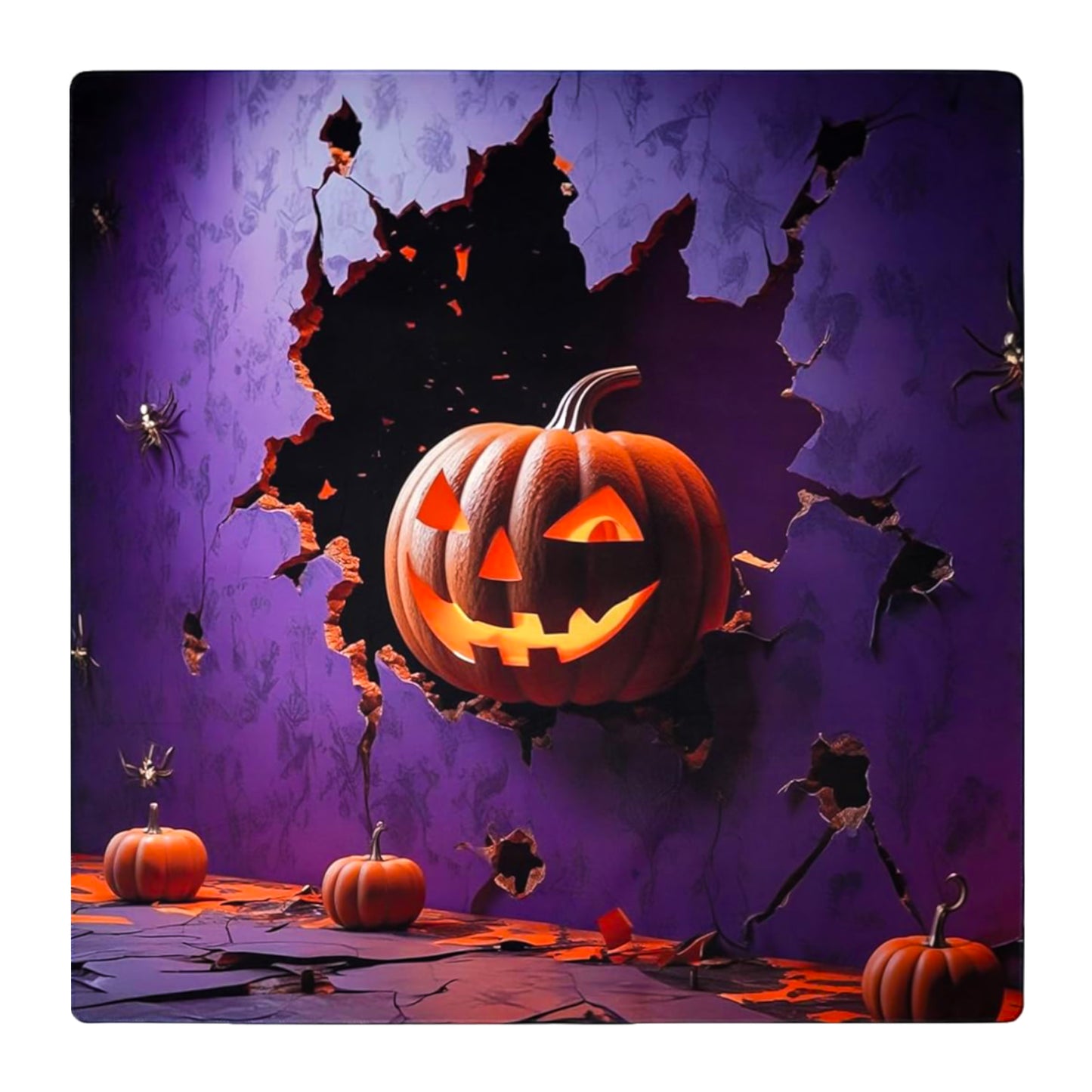 halloween themed mahjong mat featuring a glowing pumpkin breaking through purple cracked walls